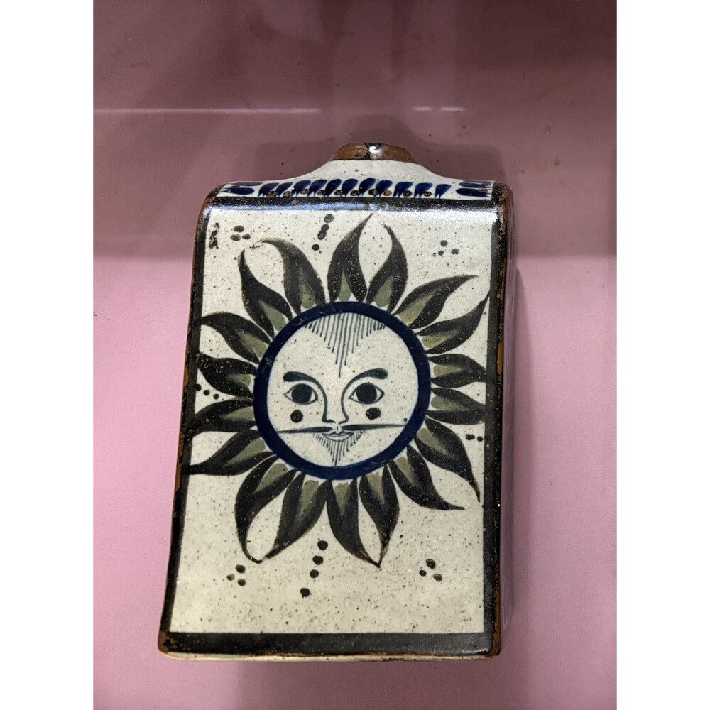 Tonala mexican pottery Square Vase Sun Face Brown, Blue, Green